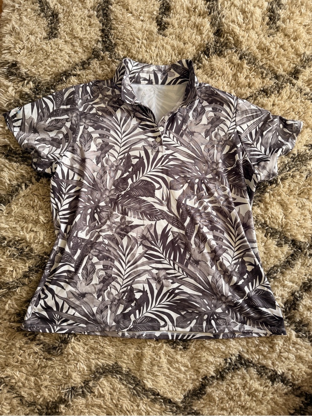 Antigua Black and White Tropical-Leaf Button Down Golf Polo